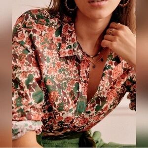 SEZANE Pierro Shirt Peach Green Floral Print Button Down Size36 US4 Fall Autumn